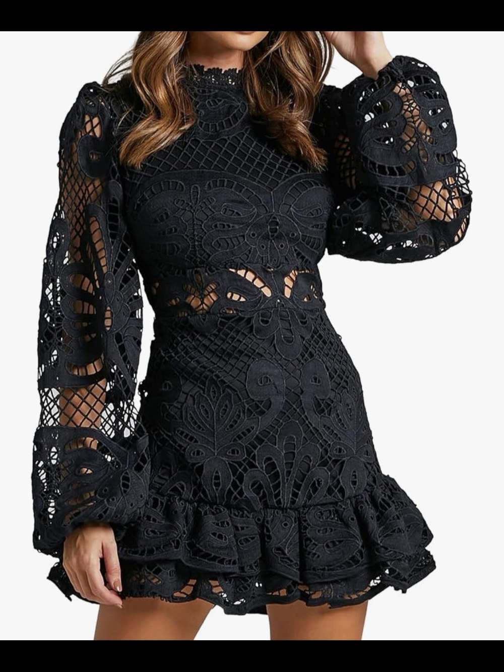 Black Lace Long-Sleeve Mini Dress